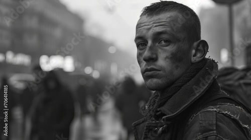 Black and white portrait of a young man with a serious expression on his face and traces of dirt on his cheek, concept: for reporting, social research and urban drama.