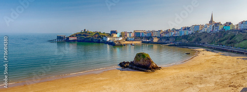 Tenby coast and harbour with lifeboats and sailing boats in Pembrokeshire South Wales photo