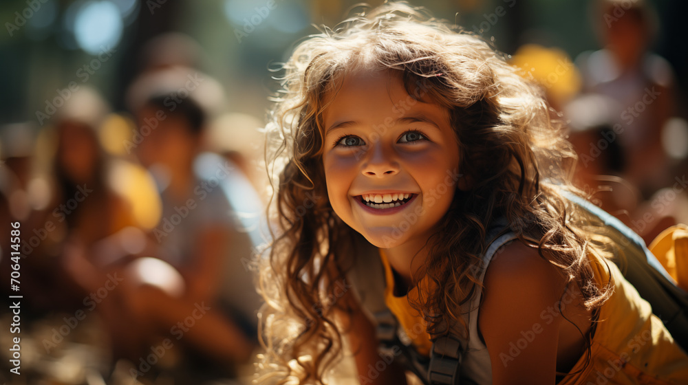 happy child showing thumbs up on background of summer children's camp happy child showing thumbs up on background of summer children's camp