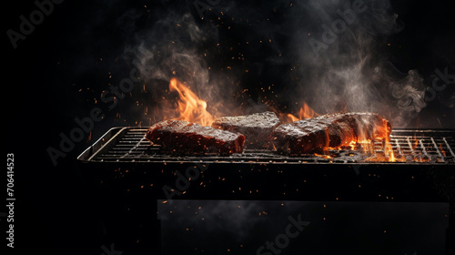 Burning charcoal grill BBQ charcoal smoked meat fire photo