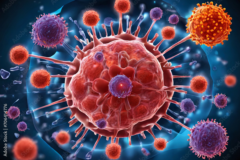 Fototapeta premium Educational immune system illustration. In-depth view of cells protecting against viruses and bacteria. Informative and engaging stock image.