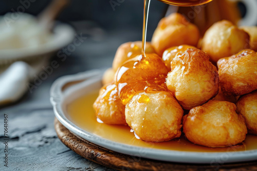 A plate of baursak, traditional Kazakh fried dough balls, served with honey photo
