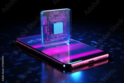 Wallpaper Mural 3D rendering smartphone with display emitting neon violet pink blue holographic symbol of floppy disc icon on dark background with blurred reflection Torontodigital.ca