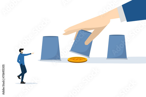 concept of winning the game of guessing or predicting investments. Businessman investor pointing to right cup with man opening it to reveal profit dollar coin money. flat vector illustration.