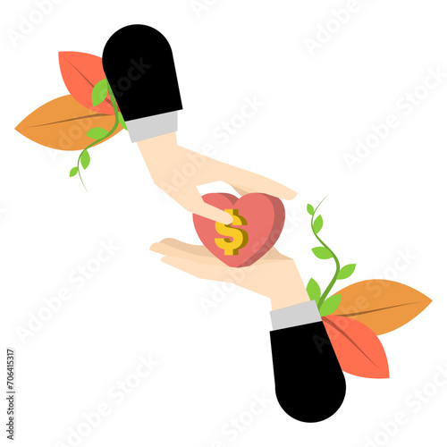 Concept of Social Care and Charity. hand with heart as a symbol of donation or charity activity. Collecting Donations of Food, Various Toys and Clothes. flat vector illustration on white background.