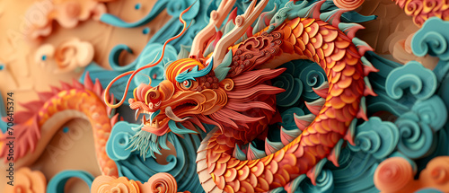 Chinese dragon new year background. Paper cut style photo