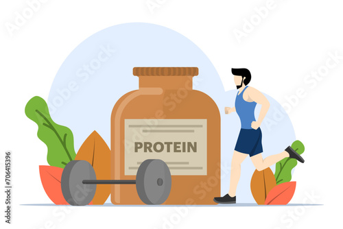 Concept of healthy living with exercise, fitness and diet food. healthy diet. Protein drink character and fresh vegetable smoothie with vitamins. Flat vector illustration on white background.