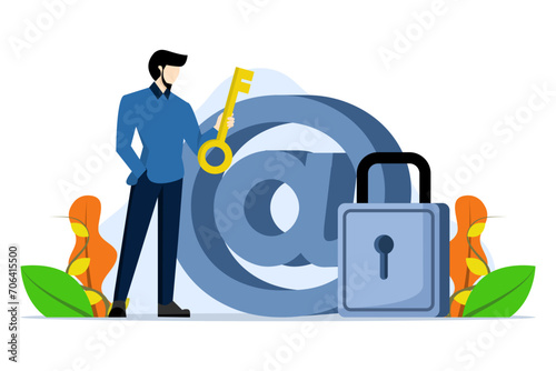 data encryption technology concept, businessman standing with strong padlock security on email symbol. security system to defend against cyber attacks, spam or data leaks, email security protection.