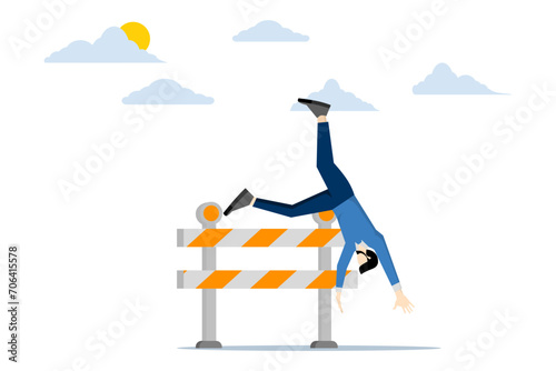 concept of error or not being able to overcome difficulties or obstacles. failed businessman fails to jump over hurdles and falls to the ground, business failure, problems or underperforming employees