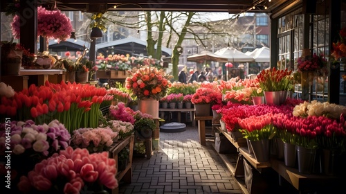 Panoramic view of a flower shop with red tulips in Paris, France #706415751
