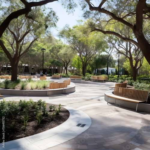 Outdoor garden with benches and trees on a sunny summer day.