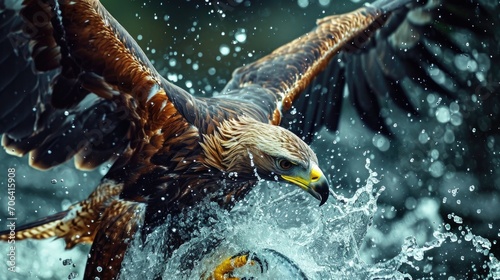A majestic bird of prey soaring through the sky above a serene body of water. This captivating image captures the grace and power of nature.