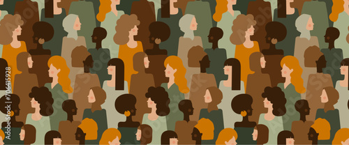 Pattern crowd beauty young women, trendy seamless background. Pattern diverse stylish woman different nationalities, races, ethnicity. Background woman, graphic seamless pattern. Vector Illustration