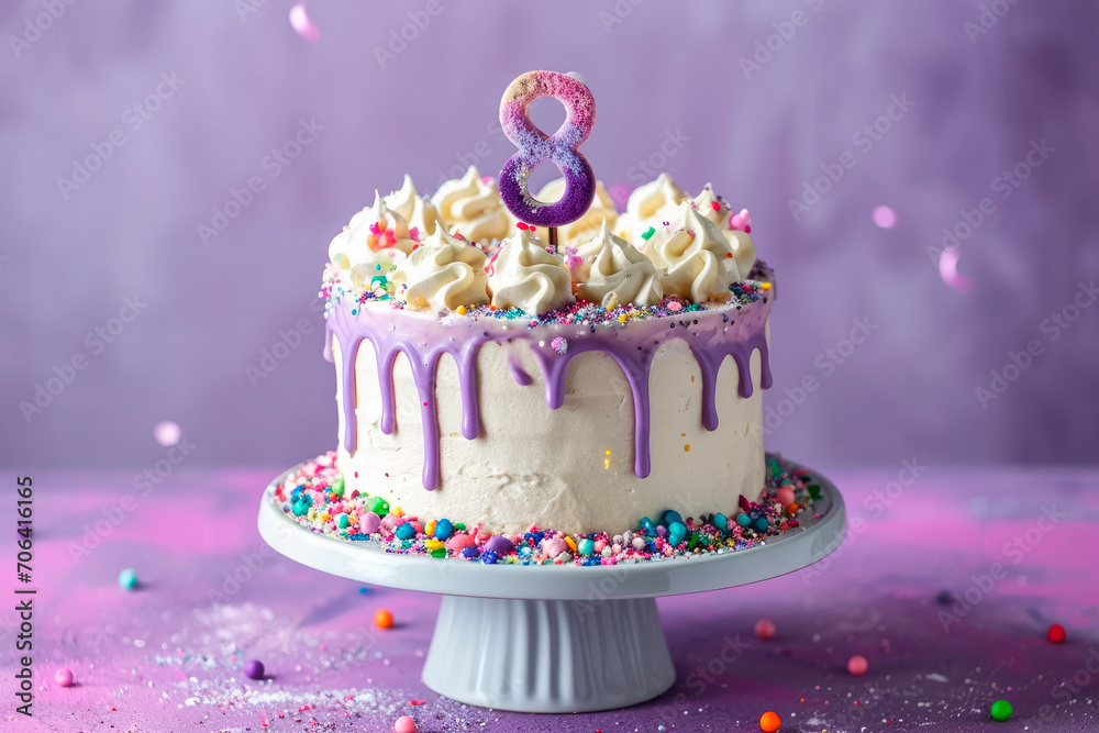a delicious cake with number eight on top, purple background a delicious cake with number eight on top, purple background