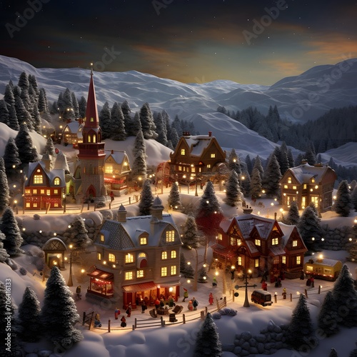 3D illustration of a small town in the mountains at night.