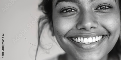 A close up of a woman with a smile on her face while holding a toothbrush in her mouth. This image can be used to promote oral hygiene and dental care