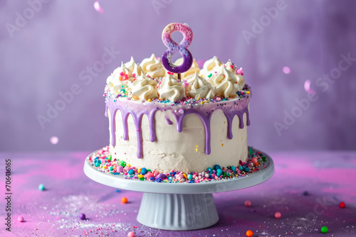 a delicious cake with number eight on top  purple background