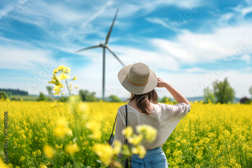 Young woman in straw hat standing in yellow rape field and looking at wind turbines