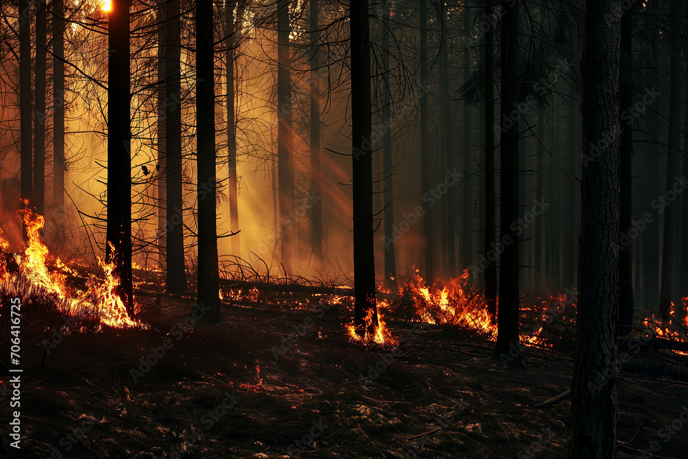 Forest fire in a pine forest at night. Wildfire in the forest.. Forest fire in a pine forest at night. Wildfire in the forest..