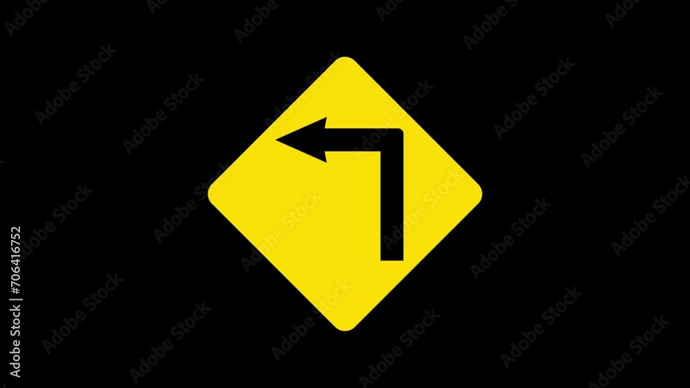 turn left curve ahead road sign icon yellow board animation on black background turn left curve ahead road sign icon yellow board animation on black background