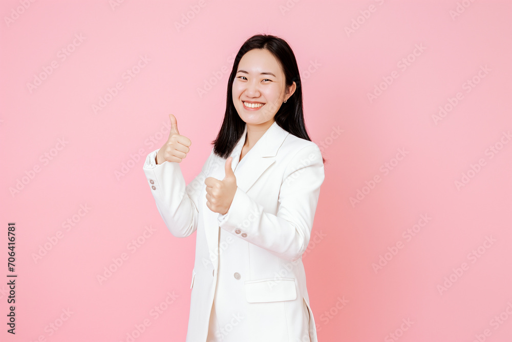 business woman smile and show thumbs up isolated on pink background, asian business woman smile and show thumbs up isolated on pink background, asian