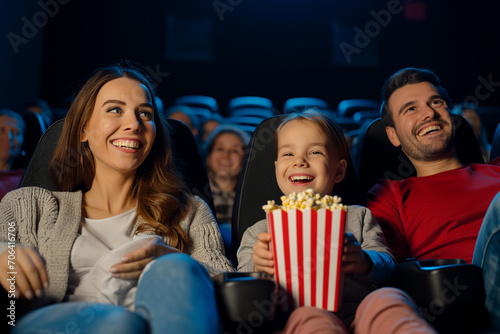 cheerful family watching a movie in a 3d cinema with popcorn