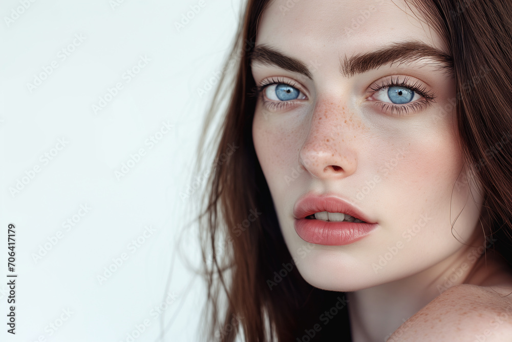 Beauty portrait of a young attractive brunette woman with natural makeup on a white background Beauty portrait of a young attractive brunette woman with natural makeup on a white background