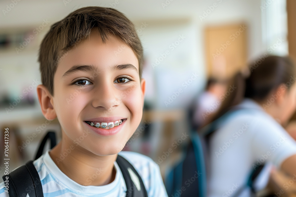 Portrait of smiling schoolboy with braces on his teeth in classroom Portrait of smiling schoolboy with braces on his teeth in classroom