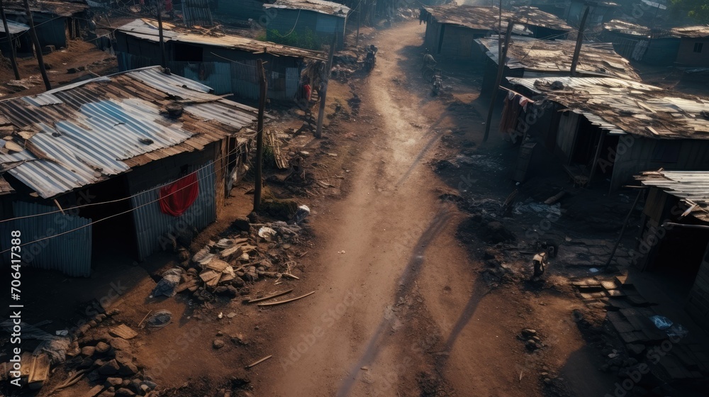 Overhead view of a poverty-stricken slum, with narrow dusty roads
