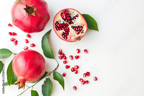 Ripe pomegranate fruits with green leaves and seeds on a white  background photo