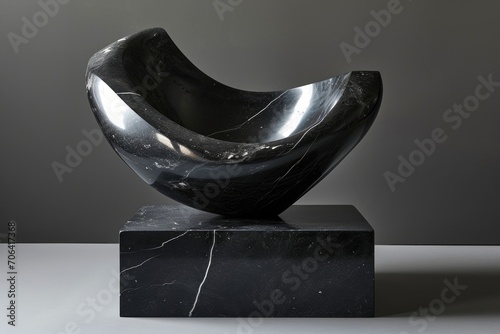 Dark obsidian sculpture on a black marble pedestal