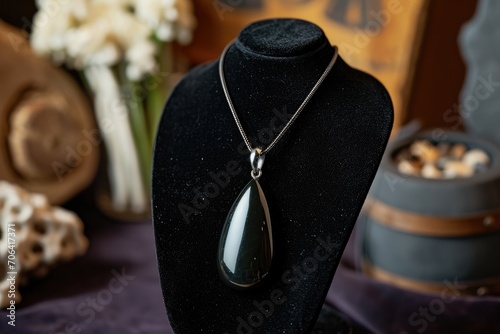 Dark obsidian pendant necklace on a black velvet display