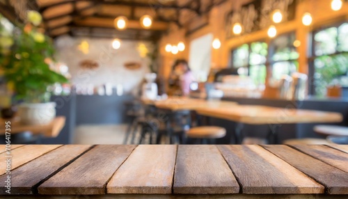 Culinary Canvas: Product Showcase on an Unoccupied Wooden Table in a Blurred Cafe Scene