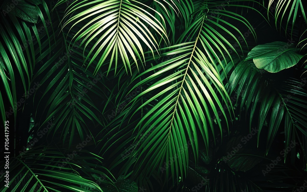 Hyper-realistic stock image of vibrant, glossy palm leaves in a tropical forest