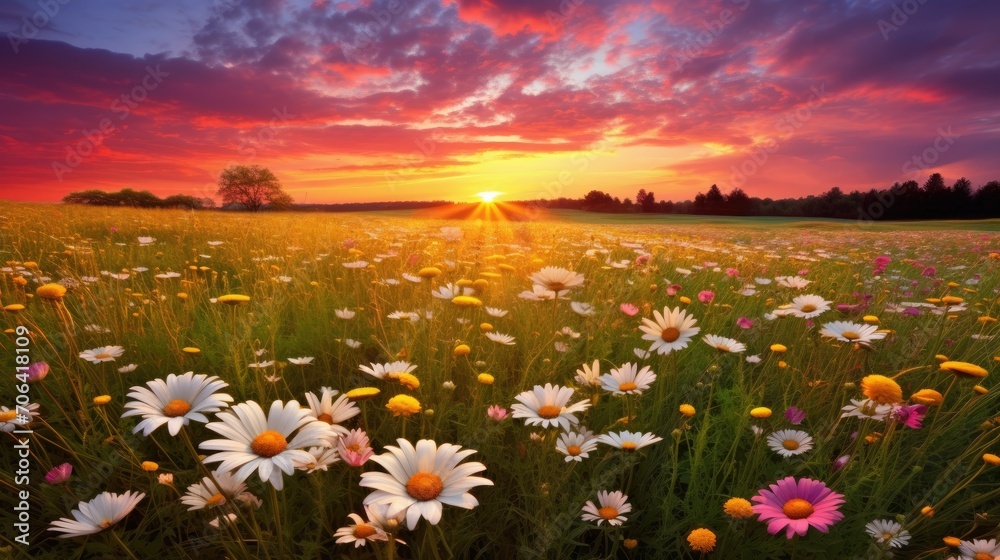 Colorful spring sunrise over a meadow with golden yellow, soft pink, and vibrant orange hues. The sun rises, casting a warm glow on the landscape of fresh green grass, wildflowers like daisies