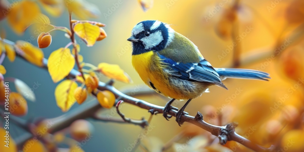 Portrait of a cute great tit. Parus major. Song bird in the nature habitat. Autumn scene with a titmouse.