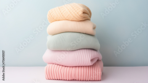 feet in pink knitted cap, A stack of women's knitted light pastel things close - up on a light background, Ai generated image 