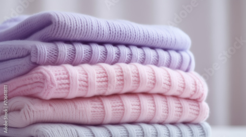 stack of colorful pink sweeter, A stack of women's knitted light pastel things close - up on a light background, Ai generated image 