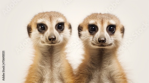 a pair of inquisitive meerkats, standing upright and curiously observing their surroundings, captured against a clean white canvas. © muhammad