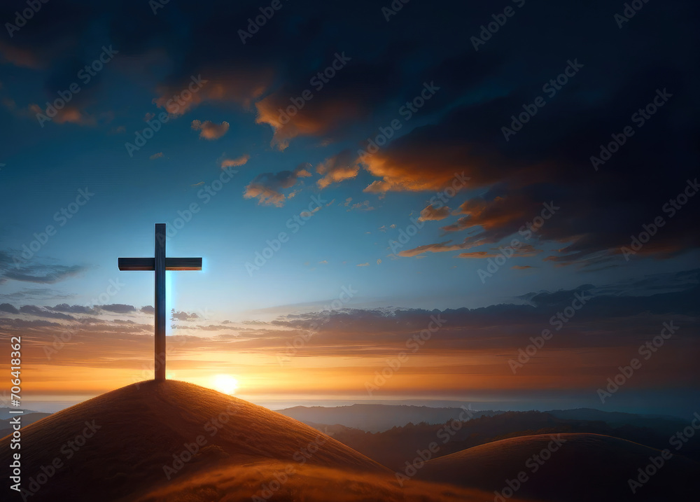 Tranquil Easter Morning with Cross on Hill and Sunrise Background