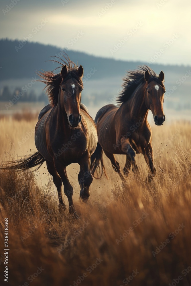 beautiful horses running through a grassy field at sunrise beautiful horses running through a grassy field at sunrise
