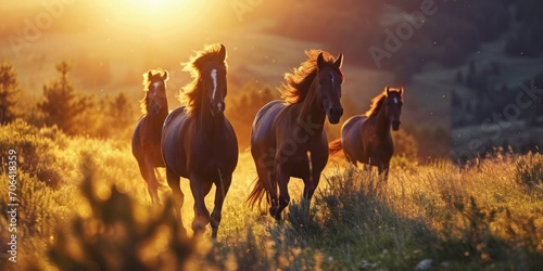 beautiful horses running through a grassy field at sunrise photo