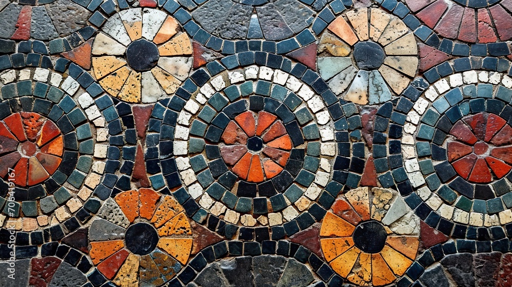 Aged mosaic made with small pieces of tiles, forming circles and abstract figures