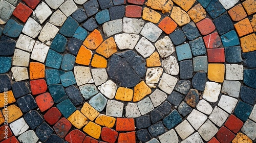 Aged mosaic made with small pieces of tiles, forming circles and abstract figures
