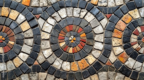 Aged mosaic made with small pieces of tiles  forming circles and abstract figures