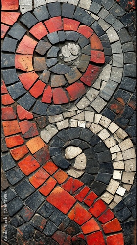 Aged mosaic made with small pieces of tiles, forming circles and abstract figures