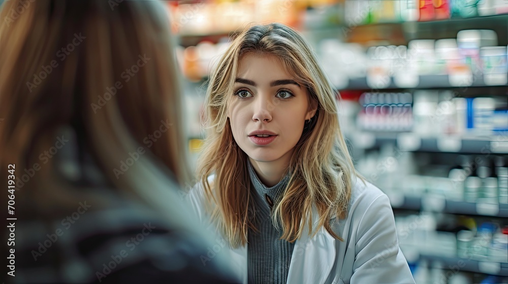 Woman pharmacist talking with a customer.