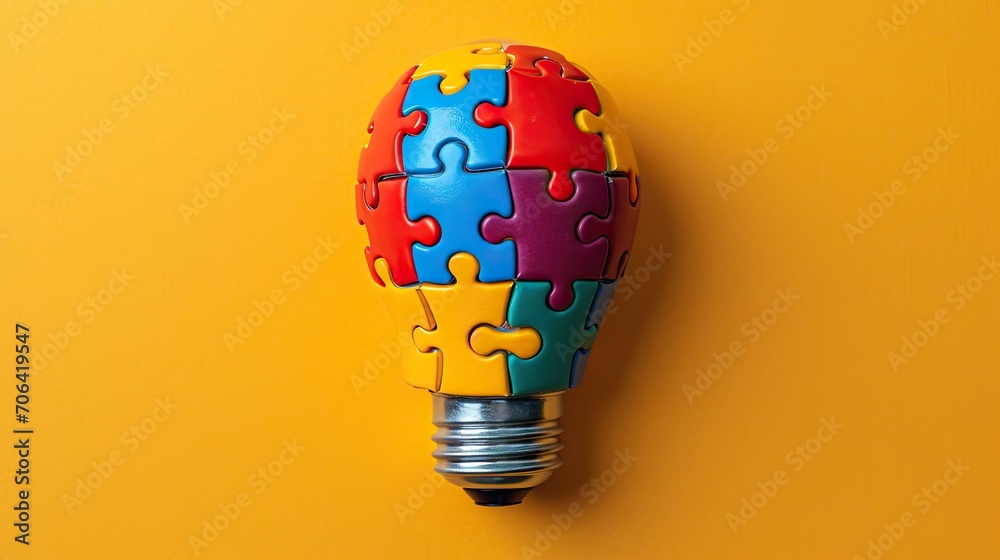 Light bulb made of colorful puzzle pieces, yellow background  - obrazy, fototapety, plakaty 