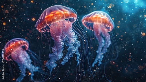 Jellyfish with beautiful colors floating in the water.