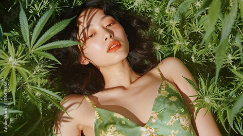 Androgynous model, Asian origin, languid gaze, delicate pose.